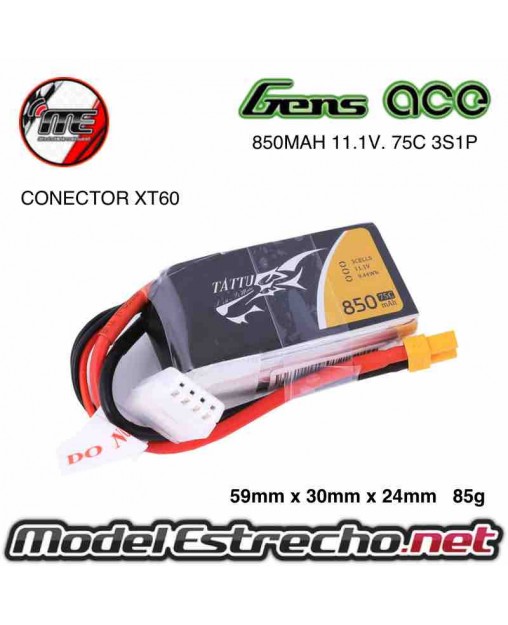 BATERIA GENS ACE TATTU 850MAH 11.1V. 75C 3S1P CONECTOR XT60