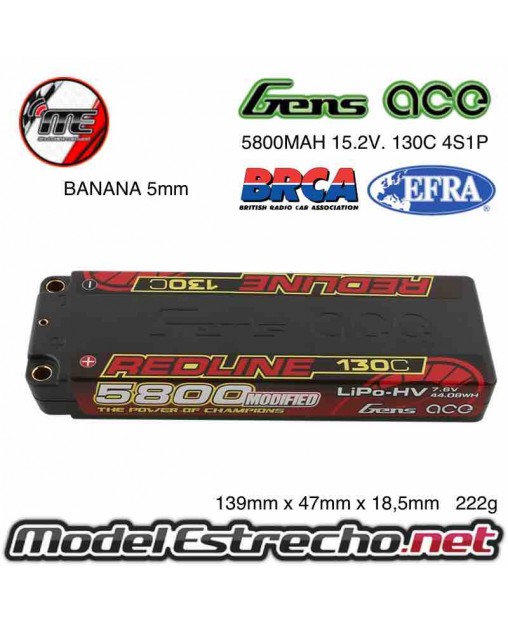BATERIA LIPO GENS ACE REDLINE 5800MAH 2S2P 7.6 v. 130C Ref: 5800-2S2P