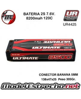 BATERIA ULTIMATE GRAFENO HV LIPO STICK 8500mha 7,6v HV 120C 2S1P HardCase Lipo BANANA 5mm

Ref: UR4425