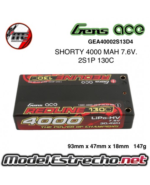 BATERIA SHORTY GENS ACE REDLINE 4000MAH 7.6V 130C 2S1P HARDCASE HV LIPO 

Ref: GEA40002S13D4