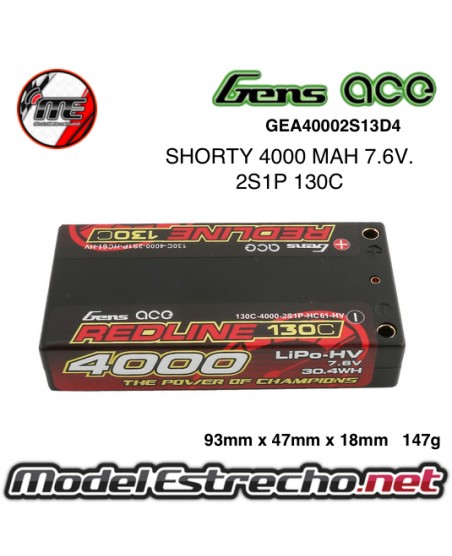 BATERIA SHORTY GENS ACE REDLINE 4000MAH 7.6V 130C 2S1P HARDCASE HV LIPO