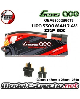 GENS ACE 5300MAH 7.4v. 2S1P 60c  BATERIA LIPO EC3/T-PLUG

Ref: GEA53002S60T3