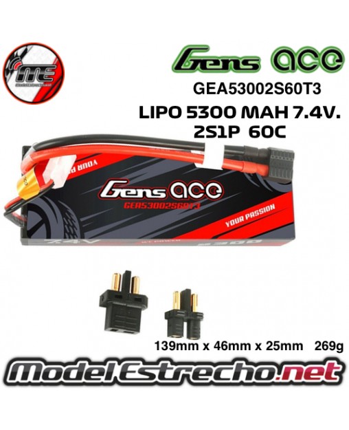 GENS ACE 5300MAH 7.4v. 2S1P 60c  BATERIA LIPO EC3/T-PLUG

Ref: GEA53002S60T3