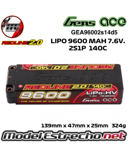 copy of GENS ACE REDLINE 2.0 SERIES 9600MAH 7.6v. 140C HV 2S1P HARDCASE