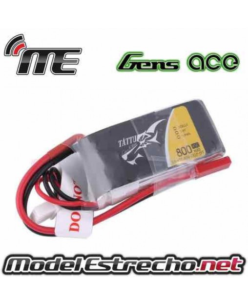 GENS ACE 800mah 7.4v. 45C 2S1P LIPO BATTERY PACK WITH JST PLUG